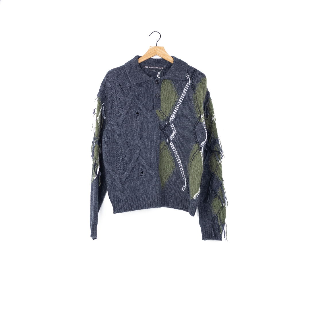 Andersson Bell Argyle Fisherman Polo Sweater - 'Charcoal Grey'